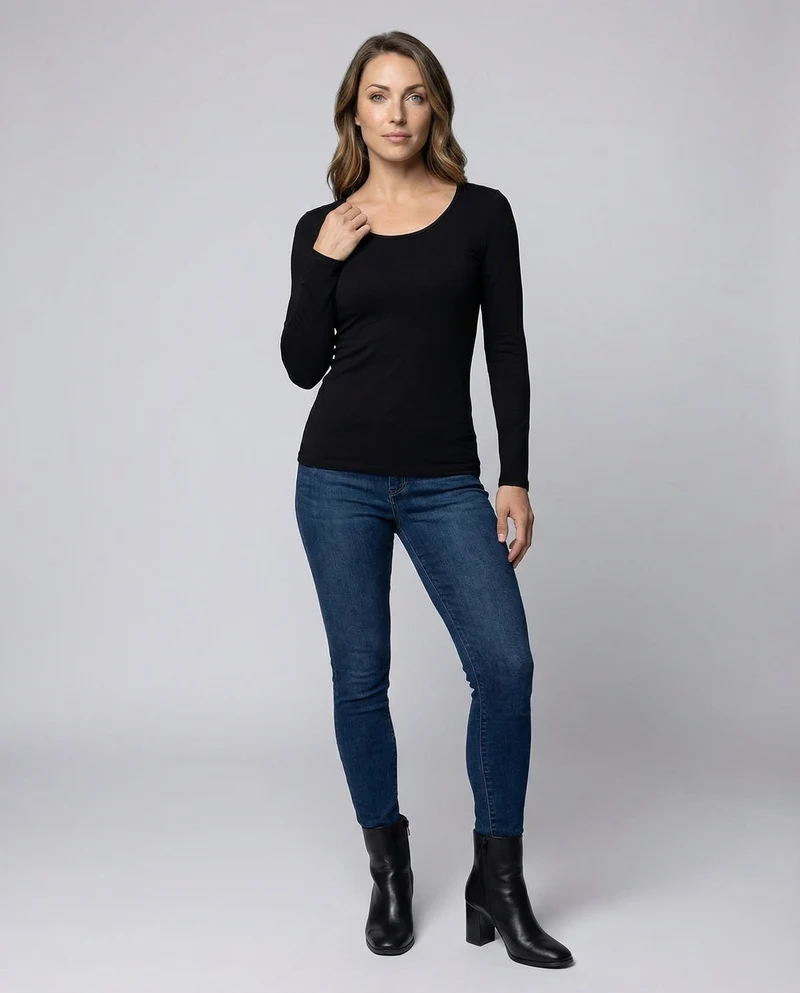 Damen Klassische Elastische Feinjersey Langarmshirt