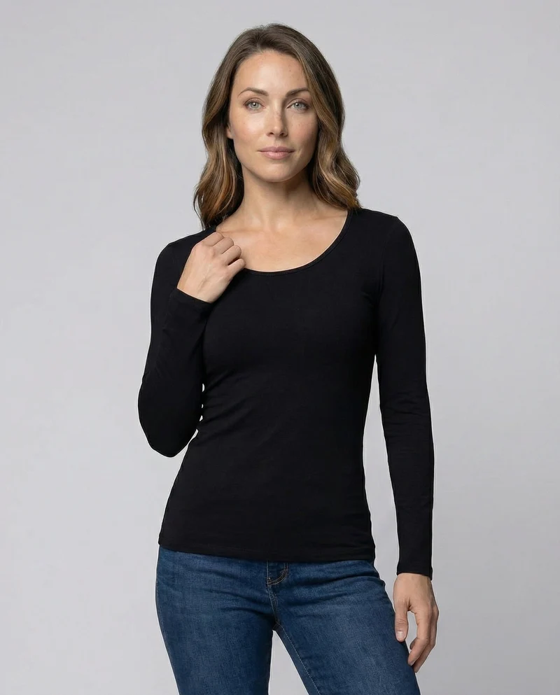 Damen Klassische Elastische Feinjersey Langarmshirt