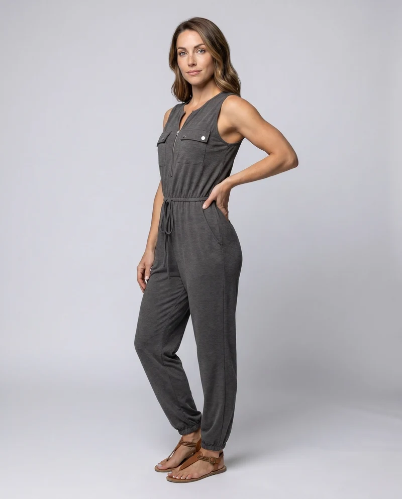 Damen modischer Jumpsuit mit schmalem Bein, praktischen Taschen und stilvollem Reißverschluss