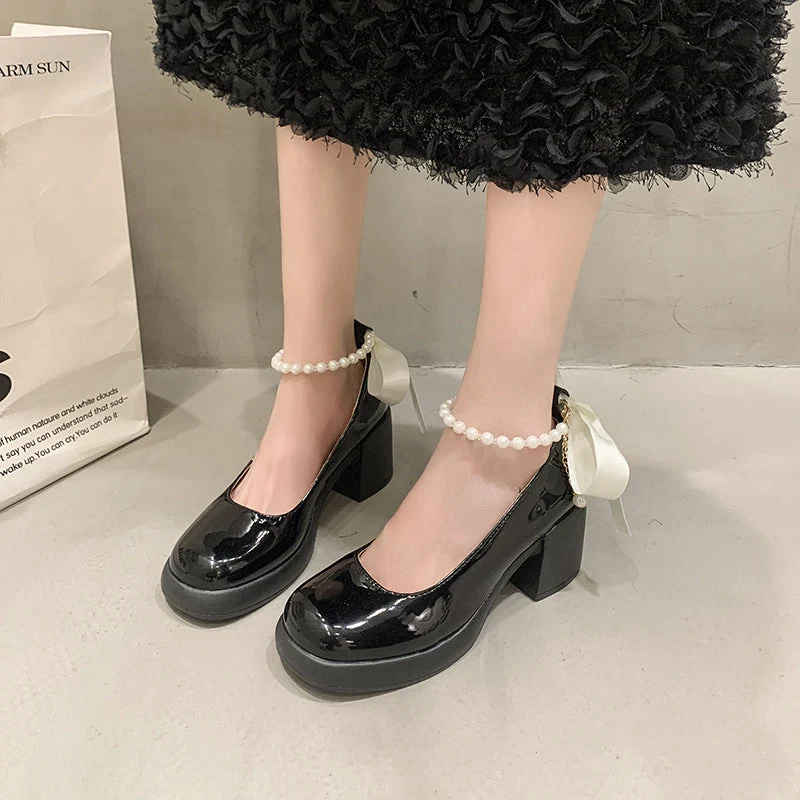 Damen Elegante Plateau-Pumps mit Perlen- und Schleifenverzierung