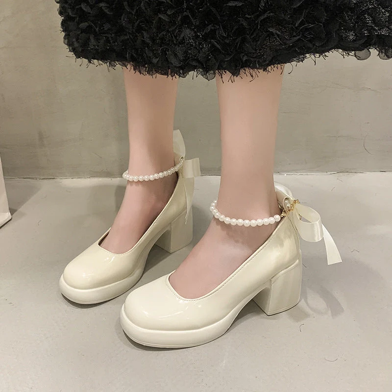 Damen Elegante Plateau-Pumps mit Perlen- und Schleifenverzierung