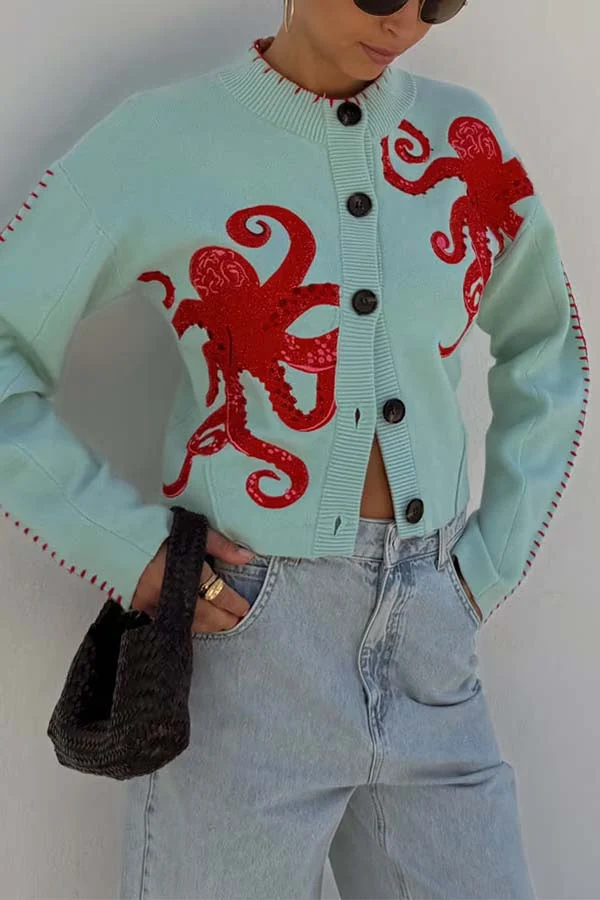 Küstenstrickjacke mit Oktopus-Motiv und Kontrastpaspelierung