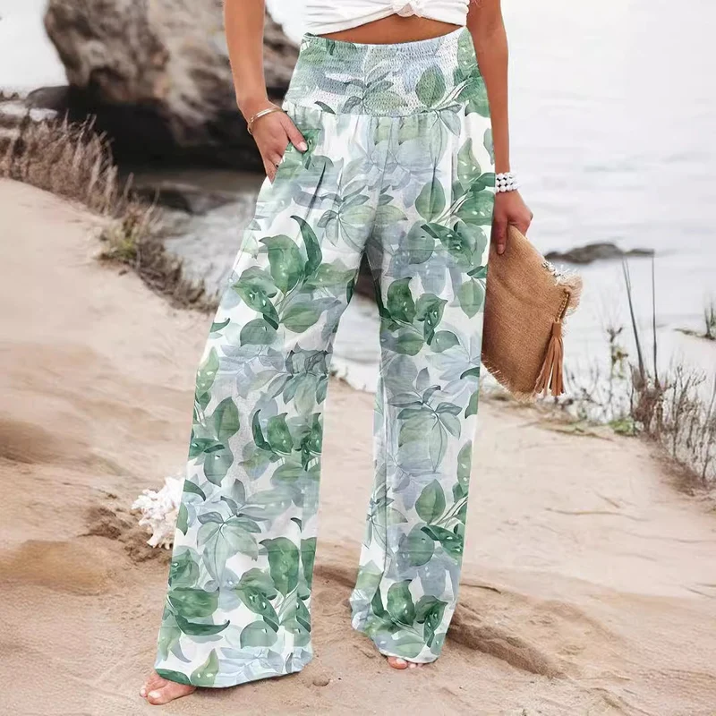 Damen Weit geschnittene Sommerhose mit floralem Print und elastischem Bund Nord Taschen