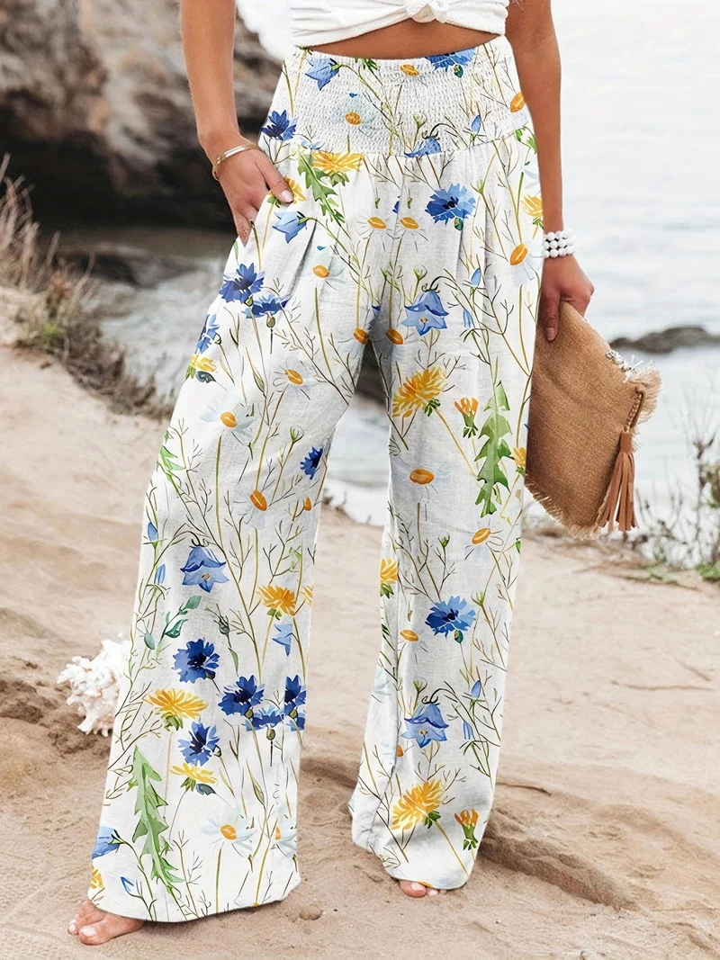 Damen Weit geschnittene Sommerhose mit floralem Print und elastischem Bund Nord Taschen