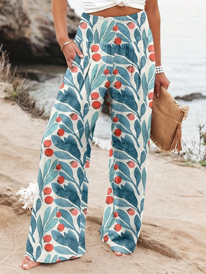 Damen Weit geschnittene Sommerhose mit floralem Print und elastischem Bund Nord Taschen