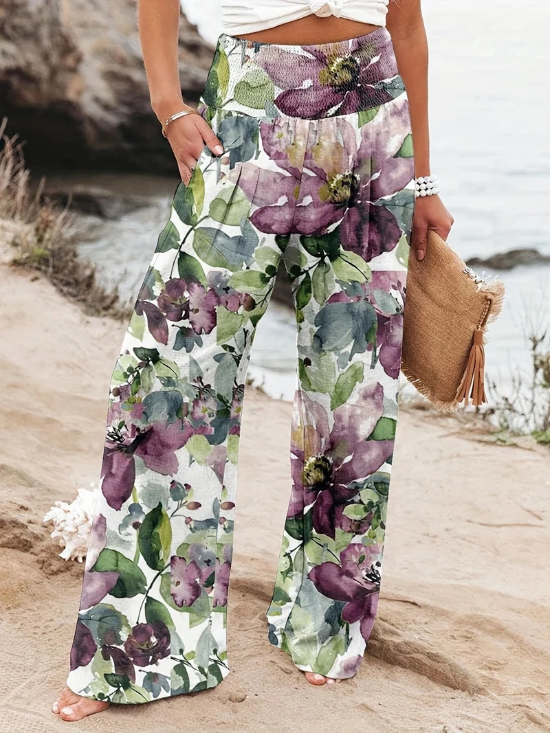 Damen Weit geschnittene Sommerhose mit floralem Print und elastischem Bund Nord Taschen