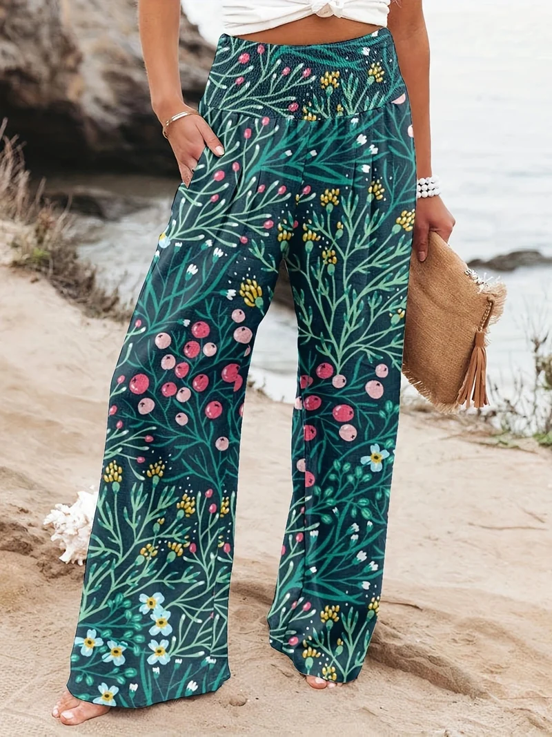 Damen Weit geschnittene Sommerhose mit floralem Print und elastischem Bund Nord Taschen