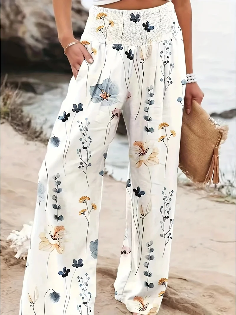 Damen Weit geschnittene Sommerhose mit floralem Print und elastischem Bund Nord Taschen