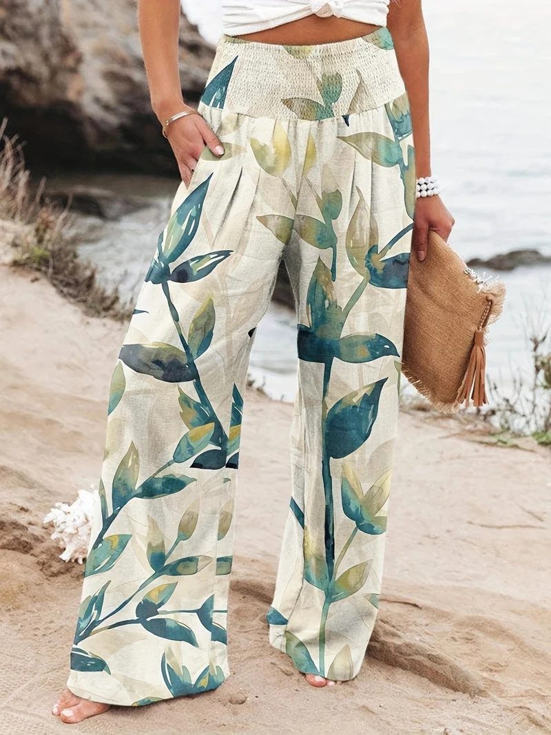 Damen Weit geschnittene Sommerhose mit floralem Print und elastischem Bund Nord Taschen
