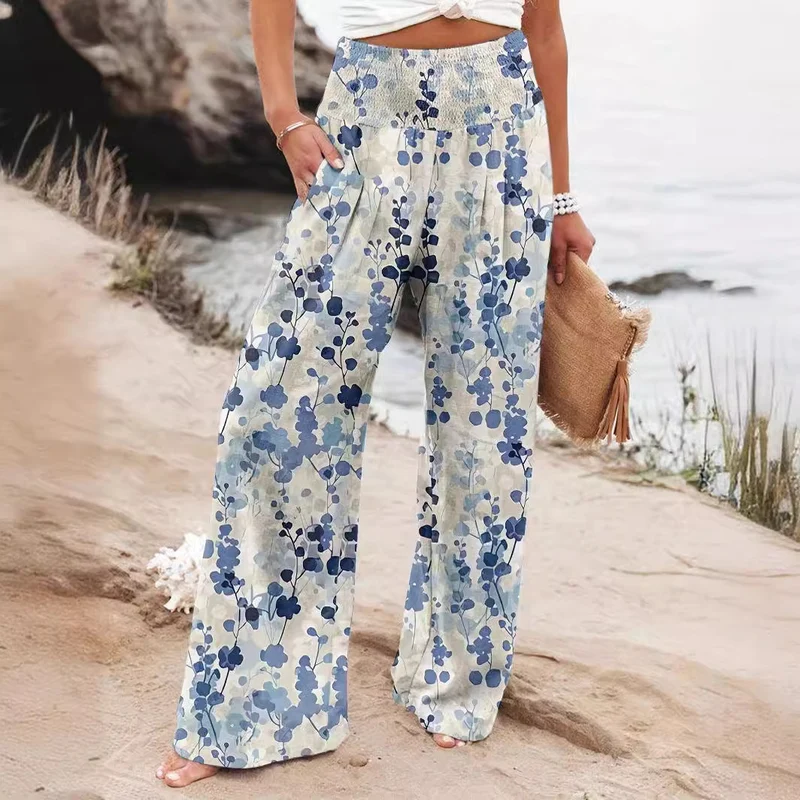 Damen Weit geschnittene Sommerhose mit floralem Print und elastischem Bund Nord Taschen