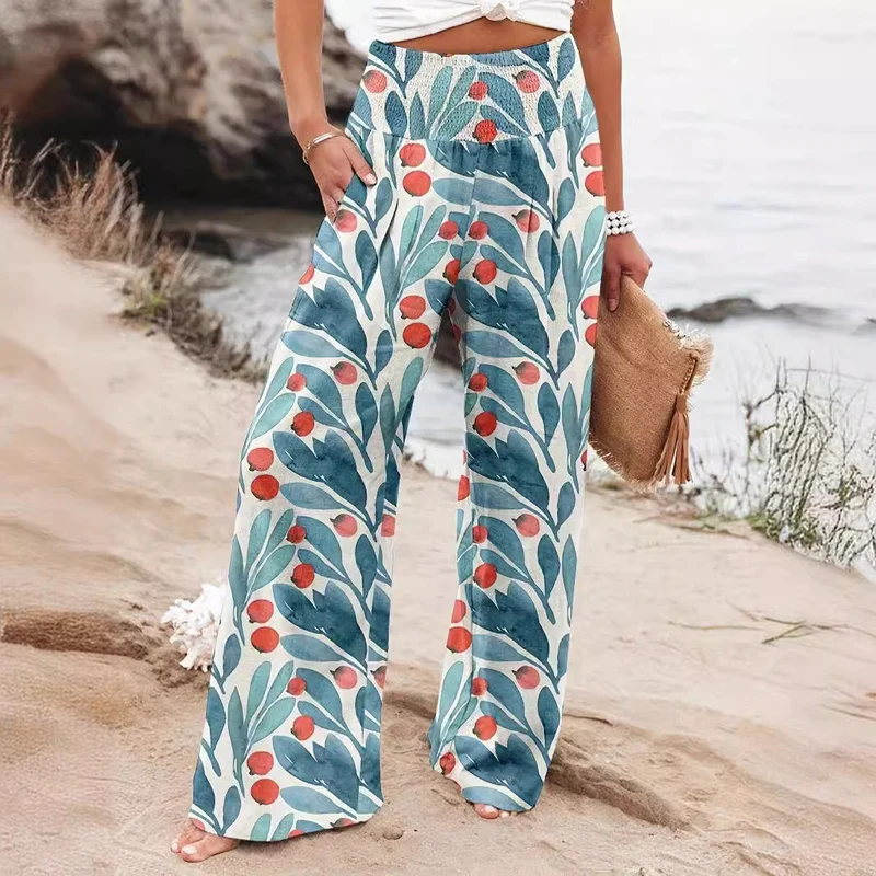 Damen Weit geschnittene Sommerhose mit floralem Print und elastischem Bund Nord Taschen