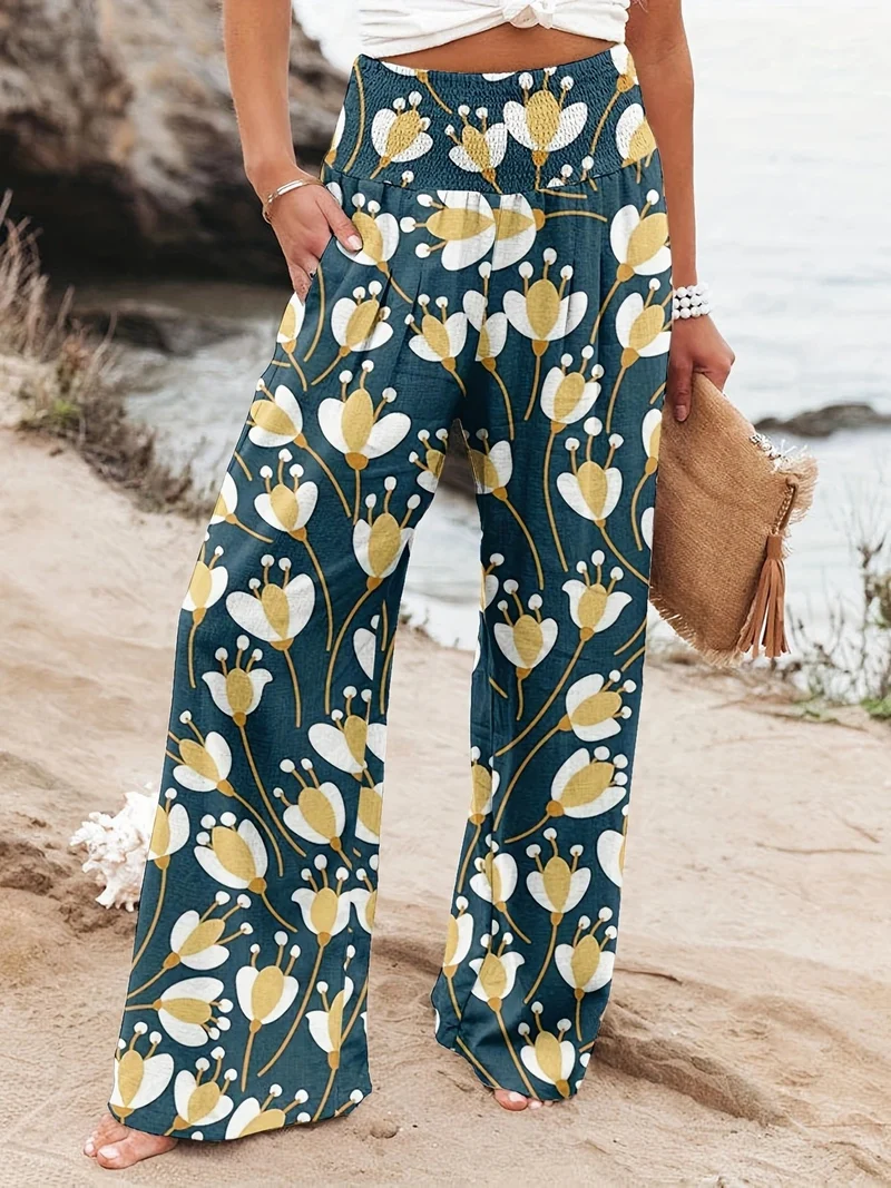 Damen Weit geschnittene Sommerhose mit floralem Print und elastischem Bund Nord Taschen