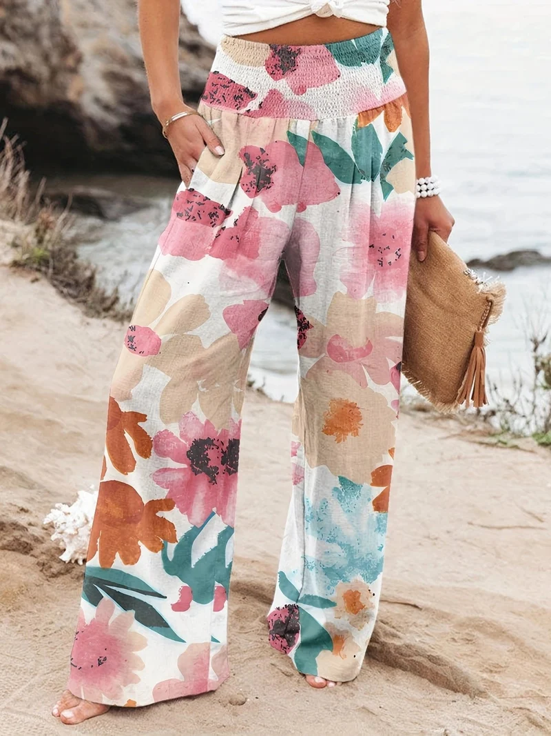 Damen Weit geschnittene Sommerhose mit floralem Print und elastischem Bund Nord Taschen