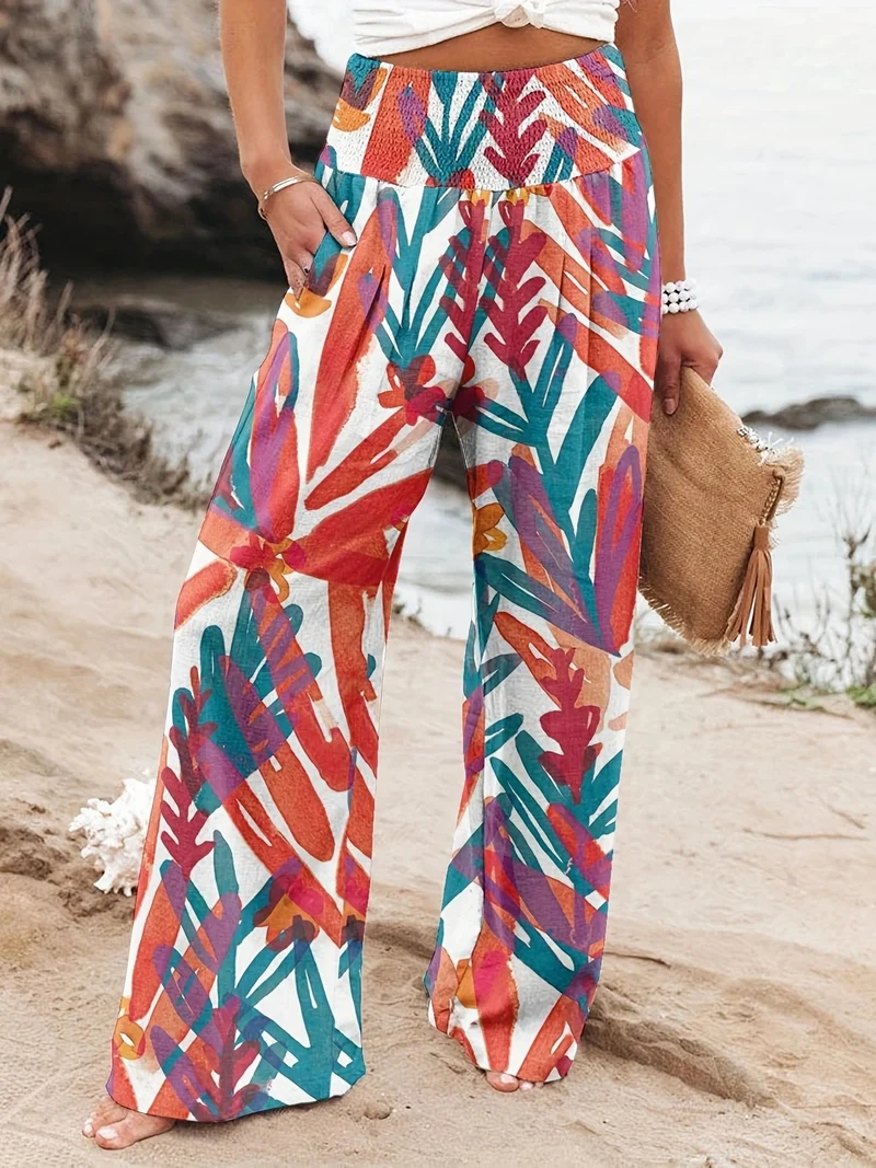 Damen Weit geschnittene Sommerhose mit floralem Print und elastischem Bund Nord Taschen