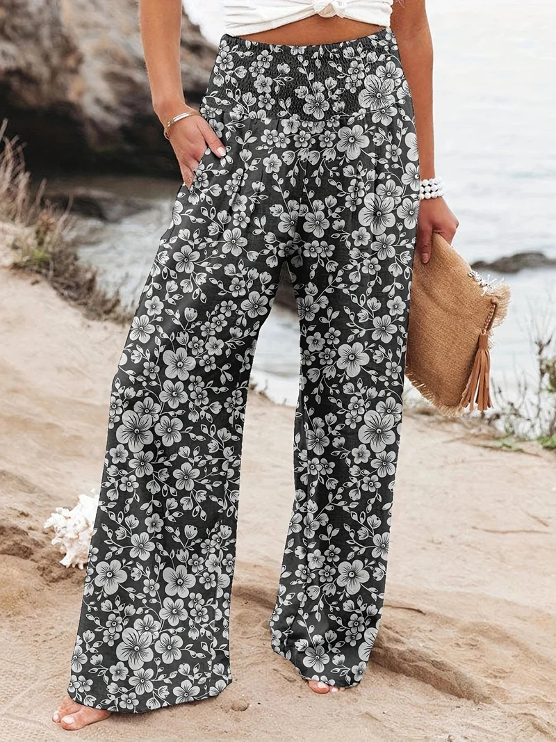 Damen Weit geschnittene Sommerhose mit floralem Print und elastischem Bund Nord Taschen