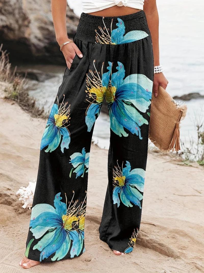 Damen Weit geschnittene Sommerhose mit floralem Print und elastischem Bund Nord Taschen