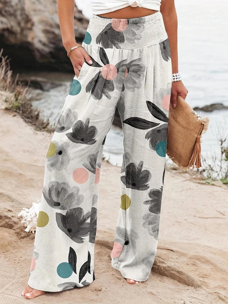 Damen Weit geschnittene Sommerhose mit floralem Print und elastischem Bund Nord Taschen