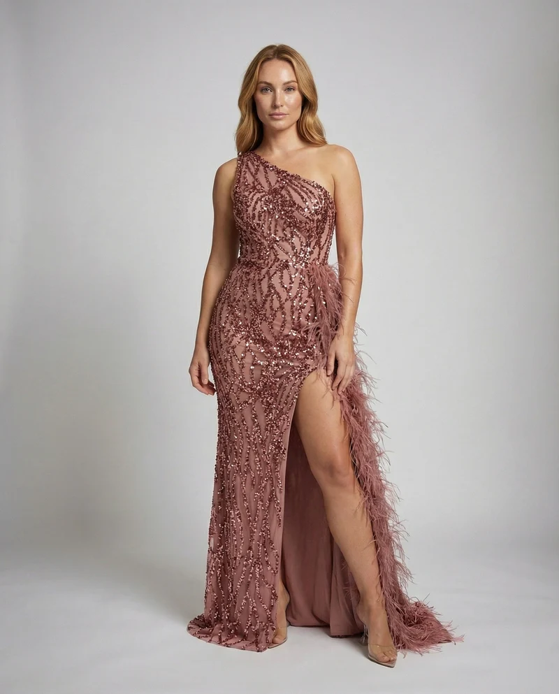 Damen Pailletten-Abendkleid Schulterfrei Federschleppe