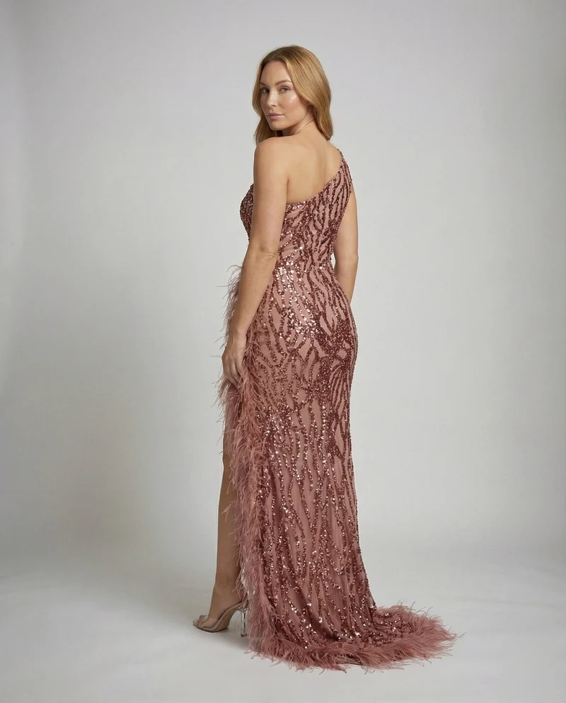 Damen Pailletten-Abendkleid Schulterfrei Federschleppe