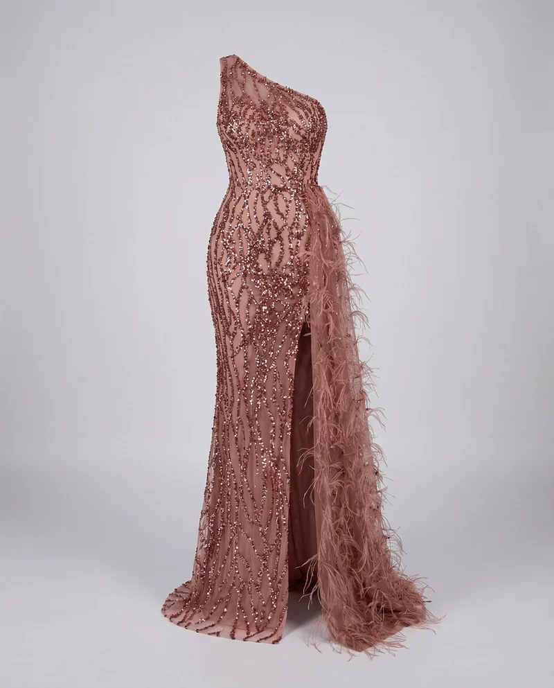Damen Pailletten-Abendkleid Schulterfrei Federschleppe