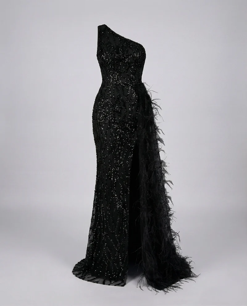 Damen Pailletten-Abendkleid Schulterfrei Federschleppe