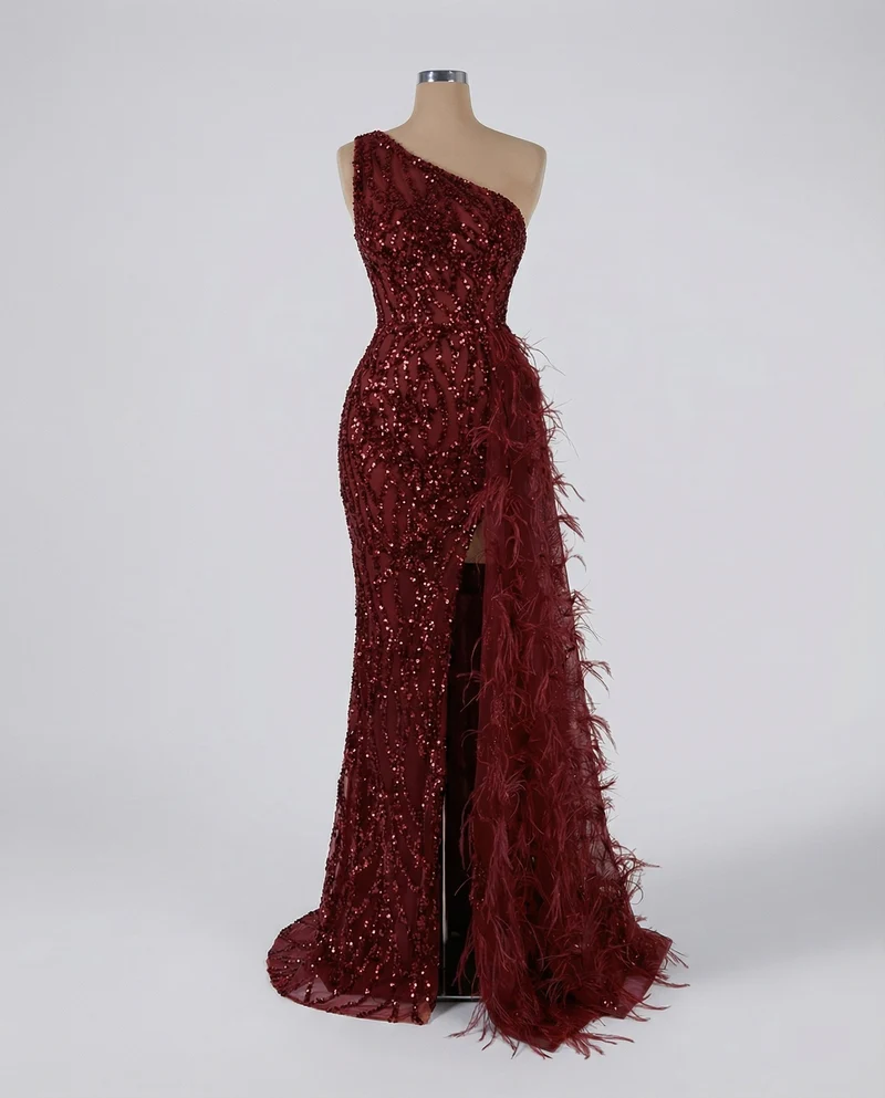 Damen Pailletten-Abendkleid Schulterfrei Federschleppe