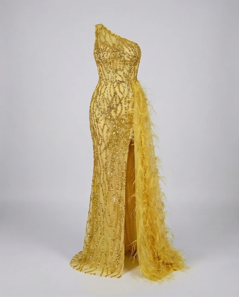 Damen Pailletten-Abendkleid Schulterfrei Federschleppe