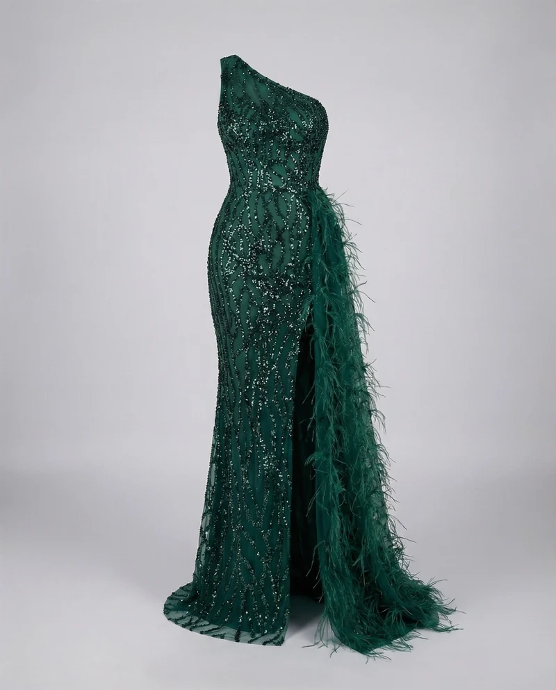 Damen Pailletten-Abendkleid Schulterfrei Federschleppe