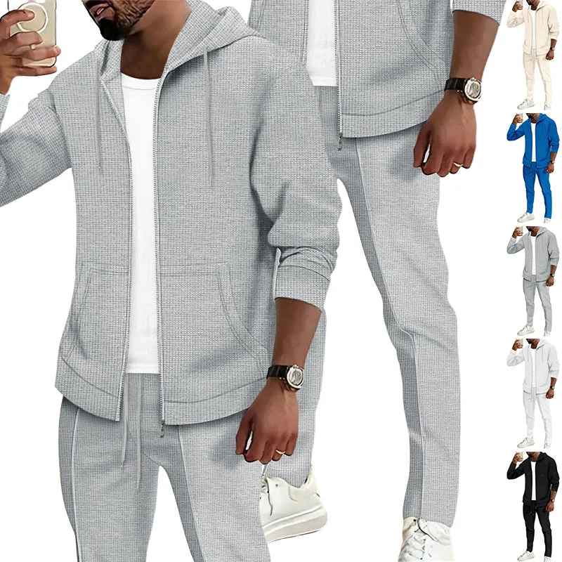 Herren nan Waffelstruktur-Jogginganzug mit Kapuzen-Zipjacke und konisch geschnittener Jogginghose