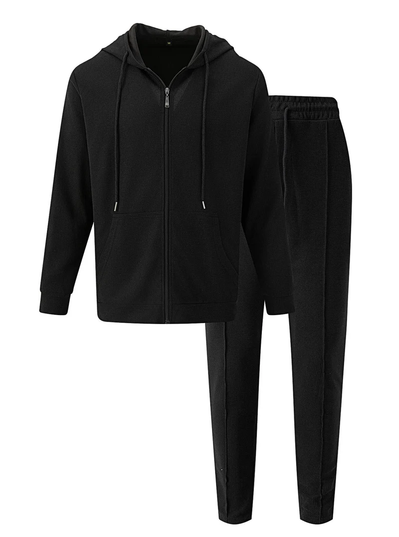 Herren nan Waffelstruktur-Jogginganzug mit Kapuzen-Zipjacke und konisch geschnittener Jogginghose