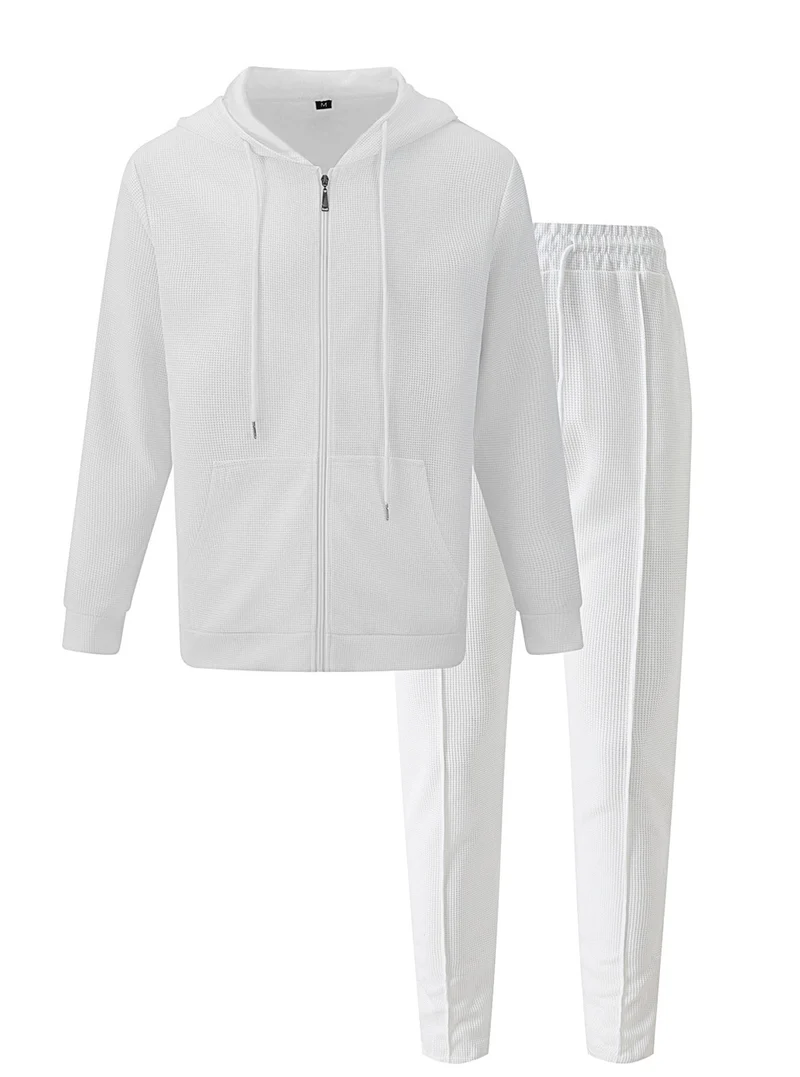 Herren nan Waffelstruktur-Jogginganzug mit Kapuzen-Zipjacke und konisch geschnittener Jogginghose