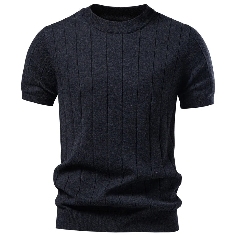 Herren nan leichter Kurzarm-Strickpullover mit feiner Rippenstruktur und Rundhalsausschnitt