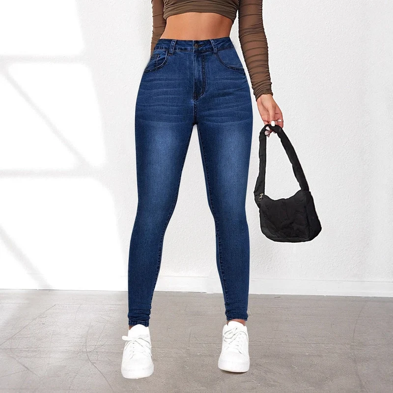 Damen High-Waist Skinny Jeans mit angedeuteten Taschen und elastischem Bund