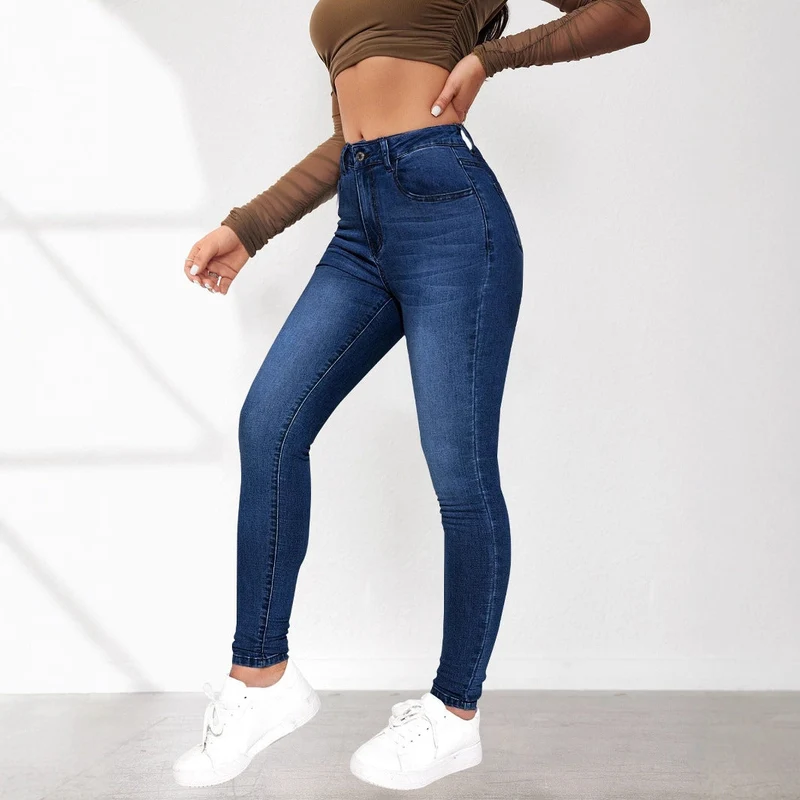 Damen High-Waist Skinny Jeans mit angedeuteten Taschen und elastischem Bund