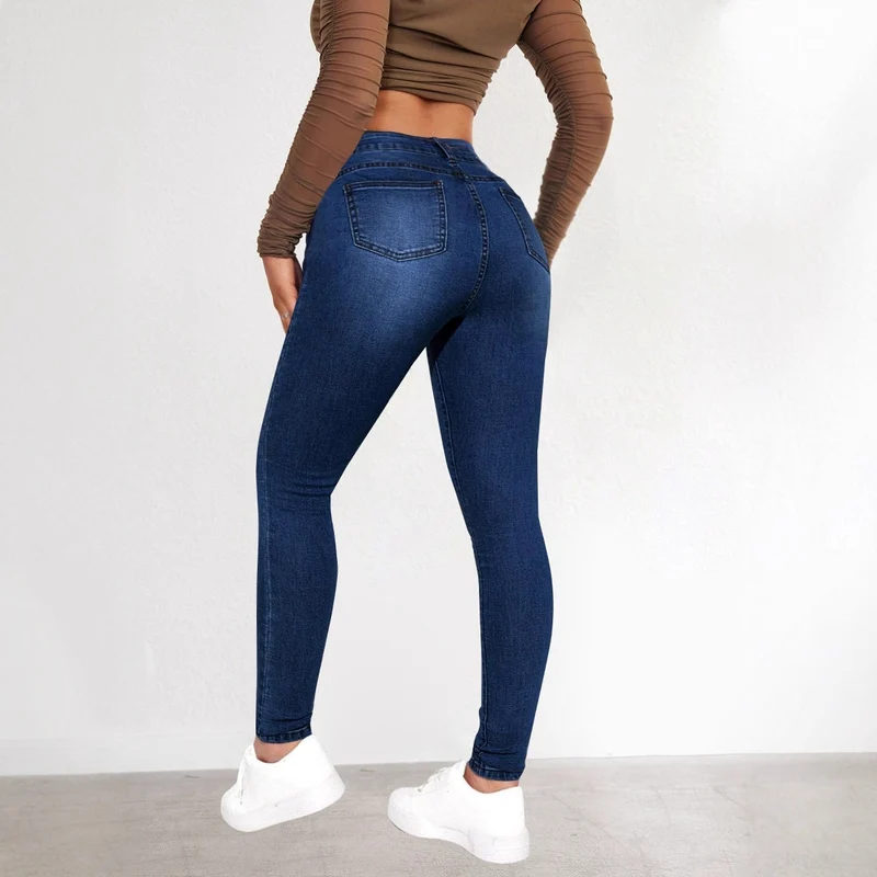 Damen High-Waist Skinny Jeans mit angedeuteten Taschen und elastischem Bund