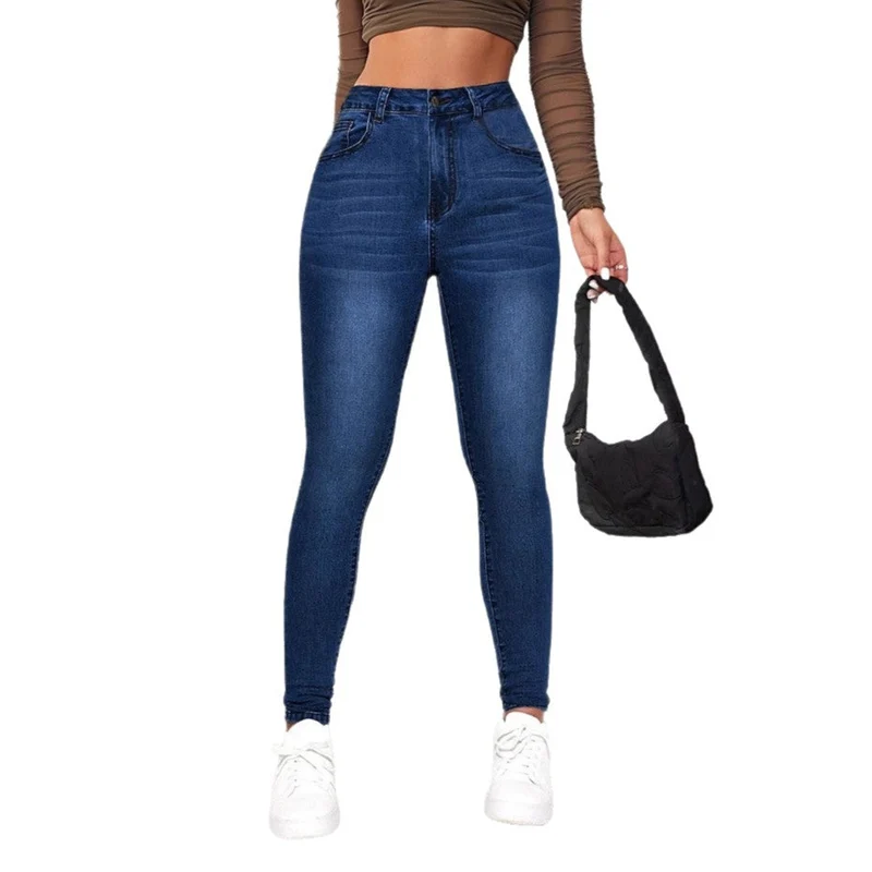 Damen High-Waist Skinny Jeans mit angedeuteten Taschen und elastischem Bund