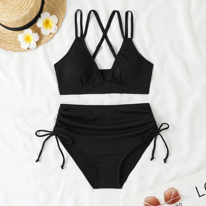 Damen Bikini-Set mit verstellbarem Kreuzträger und hoch geschnittenem Höschen