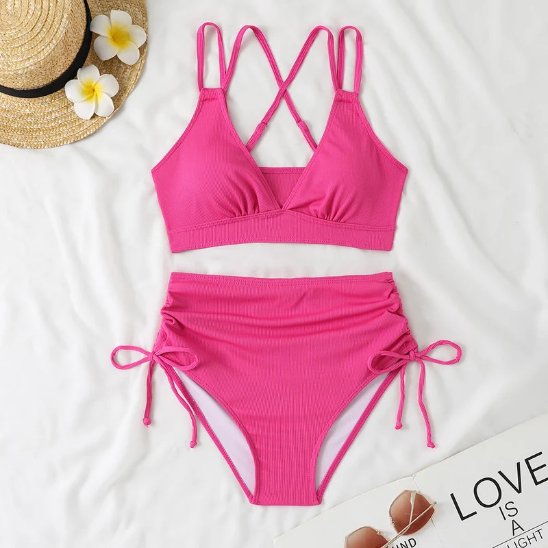 Damen Bikini-Set mit verstellbarem Kreuzträger und hoch geschnittenem Höschen