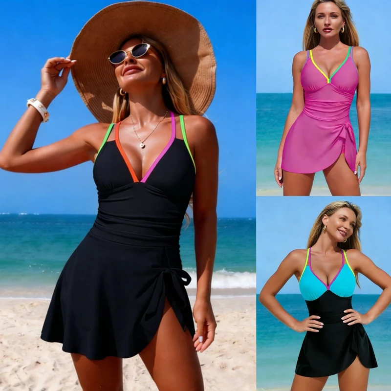Damen Tankini mit modischem Wickelrock und bunten Akzenten