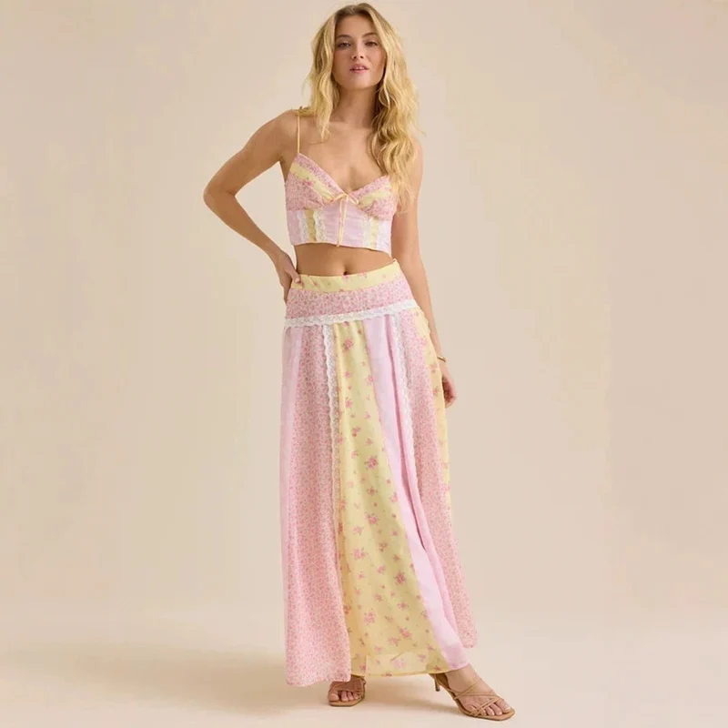 Damen nan romantisches Crop-Top mit Spaghettiträgern und gestuftem Patchwork-Maxirock Nord Taschen