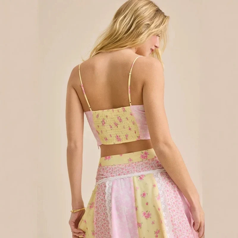 Damen nan romantisches Crop-Top mit Spaghettiträgern und gestuftem Patchwork-Maxirock Nord Taschen