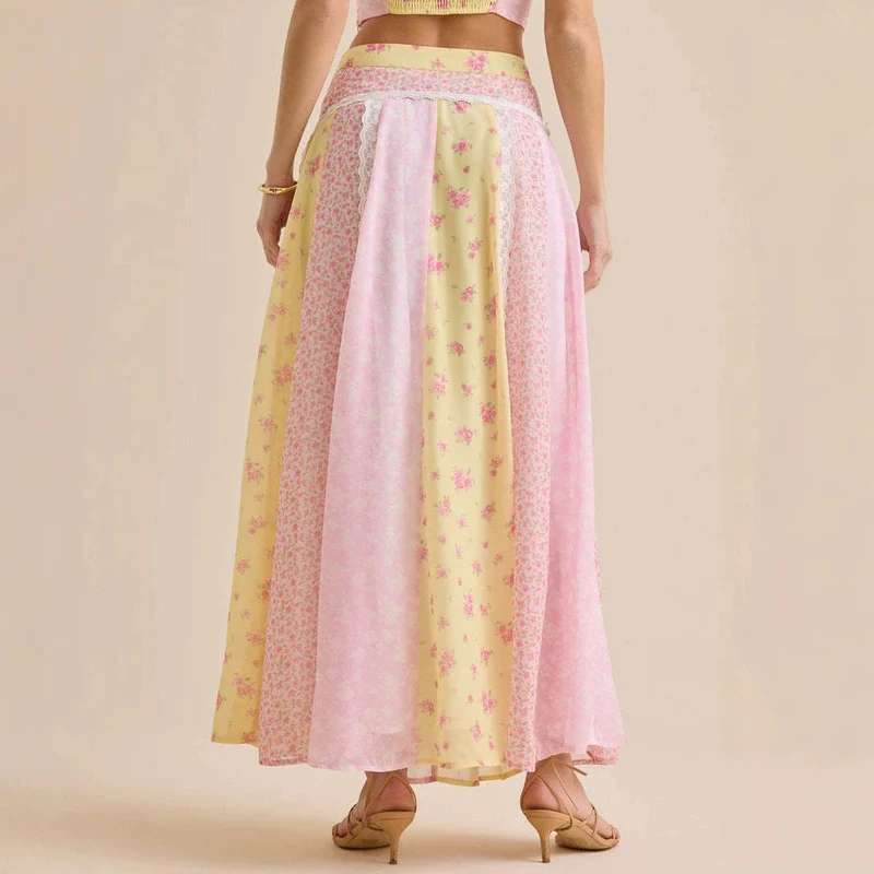 Damen nan romantisches Crop-Top mit Spaghettiträgern und gestuftem Patchwork-Maxirock Nord Taschen