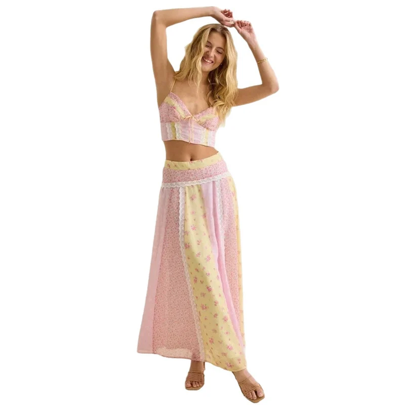 Damen nan romantisches Crop-Top mit Spaghettiträgern und gestuftem Patchwork-Maxirock Nord Taschen