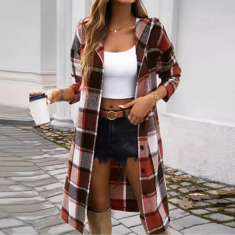 Damen Karomuster Longjacke mit Kapuze