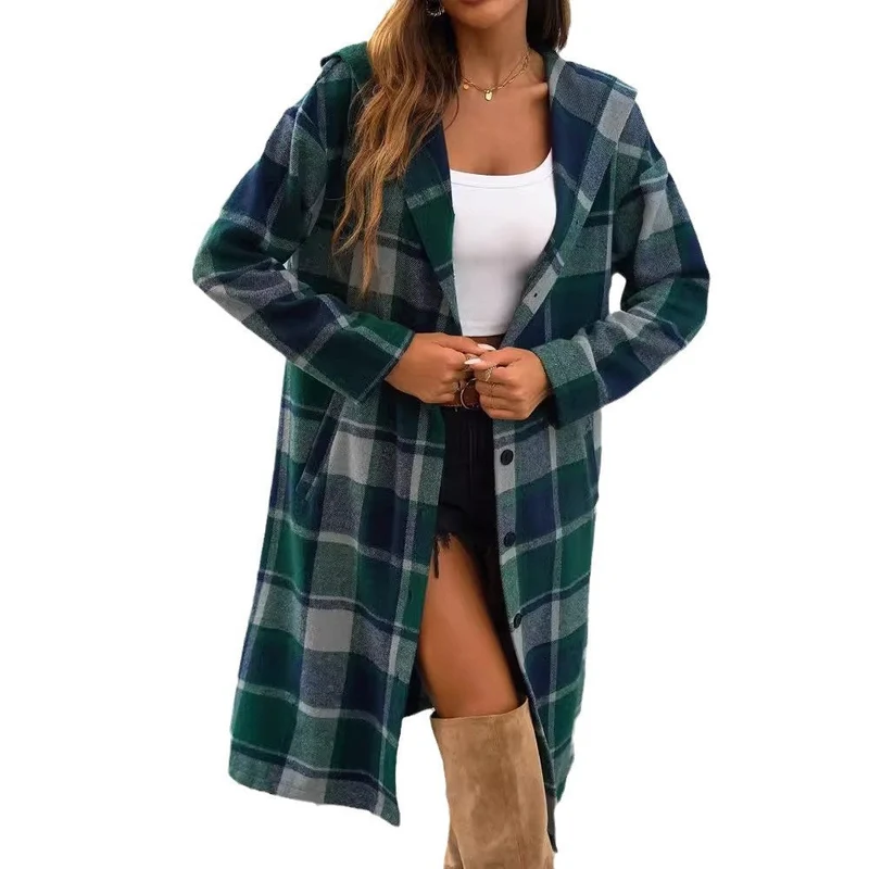 Damen Karomuster Longjacke mit Kapuze