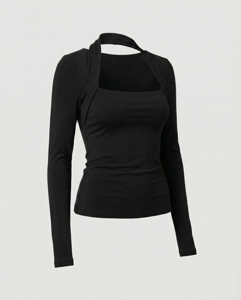 Enganliegendes Damen Langarmshirt Schwarz Herbst Slim Fit T-Shirt Oberteil