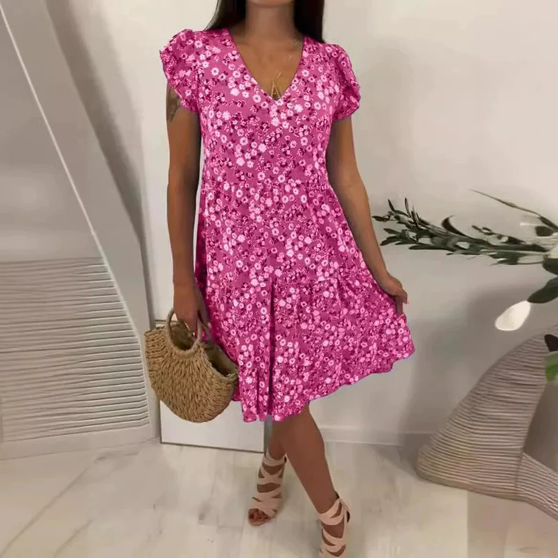 Damen Sommerliches Blütenmuster Kleid mit V-Ausschnitt und Rüschendetails