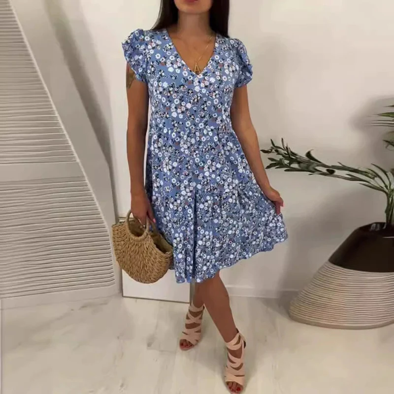Damen Sommerliches Blütenmuster Kleid mit V-Ausschnitt und Rüschendetails