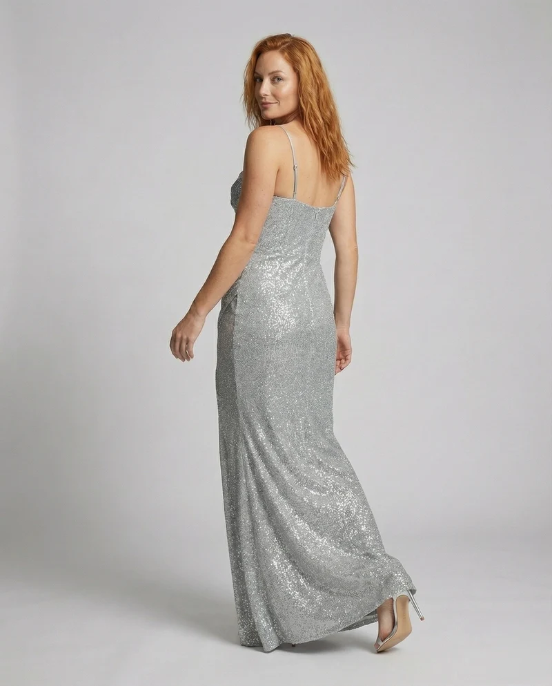 Damen nan glitzerndes Abendkleid mit Herzausschnitt, schmalen Spaghettiträgern, taillierter Raffung und hohem Beinschlitz