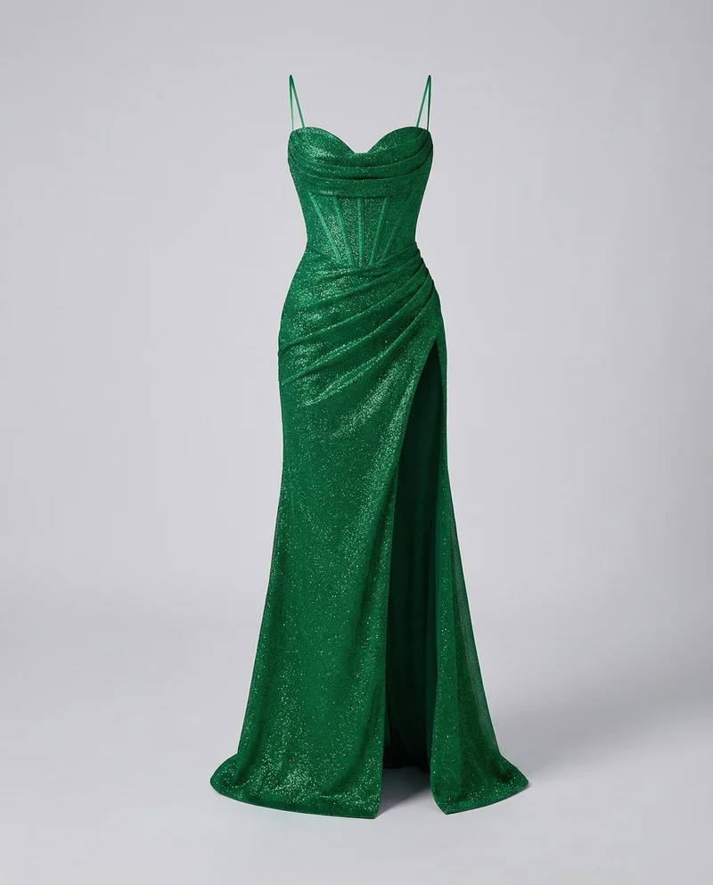 Damen nan glitzerndes Abendkleid mit Herzausschnitt, schmalen Spaghettiträgern, taillierter Raffung und hohem Beinschlitz